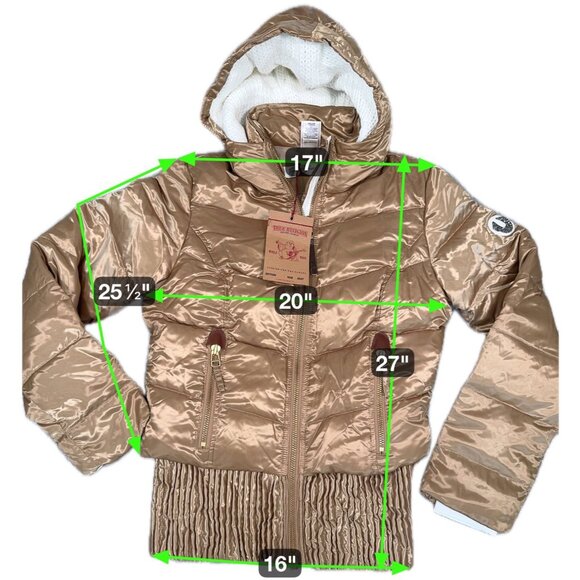 Quilted Gold Puff Jacket W/Hood Womens L True Religion Down & Feather Fill - Picture 2 of 16